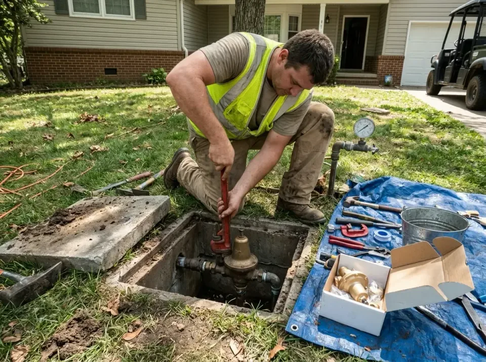 Plumber — Residential — Plumber, Safety Vest, Pipe Wrench, Residential, Low Water Pressure Repair