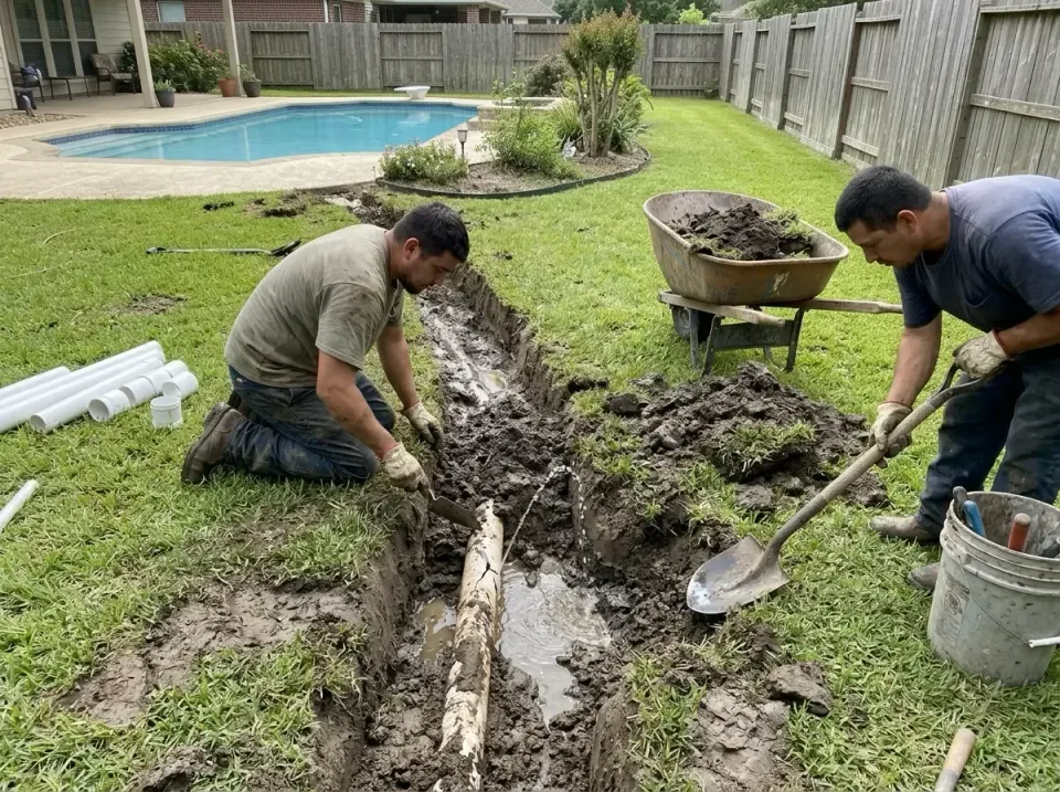 Plumbing Crew — Residential Backyard Plumbing Crew — Residential Backyard